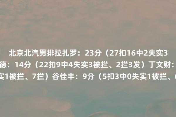北京北汽男排拉扎罗：23分（27扣16中2失实3被拦、5拦2发）穆拉德：14分（22扣9中4失实3被拦、2拦3发）丁文财：10分（8扣3中2失实1被拦、7拦）谷佳丰：9分（5扣3中0失实1被拦、6拦）许桐溪：6分（9扣6中0失实1被拦）唐川航：4分（6扣3中0失实0被拦、1发）阿德马尔：3分（4扣2中1失实0被拦、1拦）刘泽：2分（2拦）山东松山小镇男排池芳旭：11分（17扣11中0失实4被拦）耿